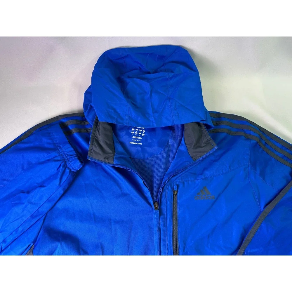 Adidas Mens M Running Jacket Blue Gray Hooded‎ Full Zip 3-Stripe Athletic